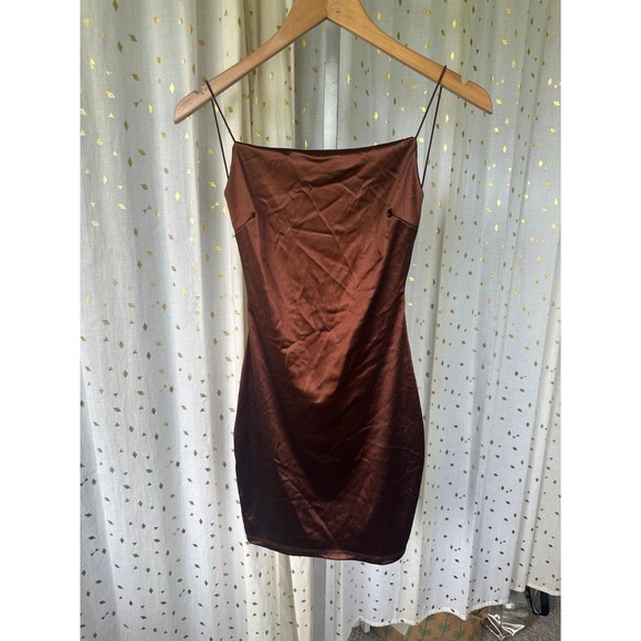 Windsor Sultry Strappy Stretch Cord Open Back Satin Brown Bodycon Mini Dress M - Picture 4 of 8